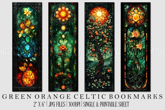 Irish Celtic Printable Bookmark, Irish Bookmark, Celtic Bookmark, Printable, JPG Bookmark, St Patrick's Day, Fantasy Bookmark, Green Orange