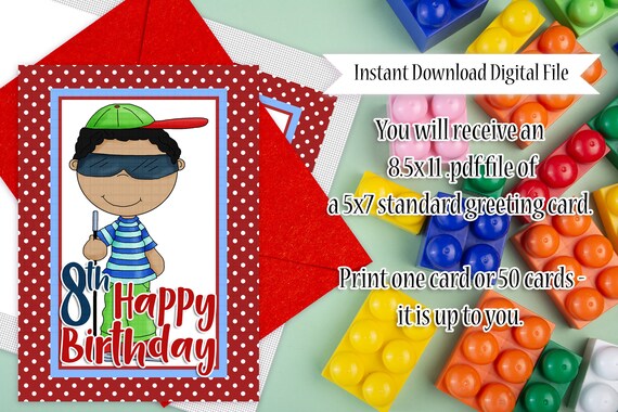 Young Blind Boy - Printable 5x7 Standard Happy 8th Birthday Greeting Card