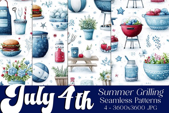 July 4th Seamless Patterns, July 4th Patterns, BBQ Patterns, July 4th Grilling, 4th of July BBQ Grilling Seamless Patterns, Cook Out Pattern