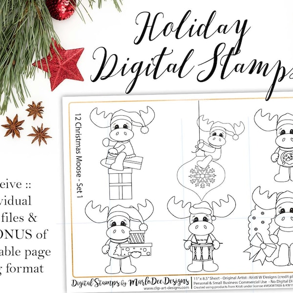 12 Moose of Christmas Digital Stamps Set 1 - Christmas Line Art - Holiday Digi Stamp