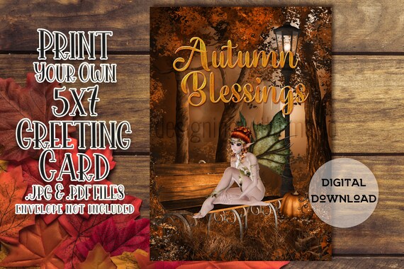 Autumn Blessings Card - Fantasy Fairy - Autumn Card Printable - 5"x7" - Greeting Card Printable - Autumn Card Digital - Card Kit