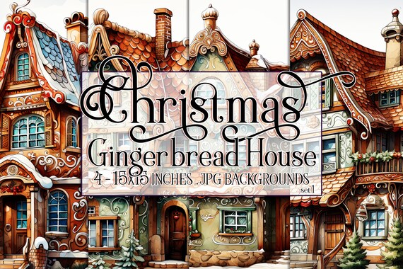 Christmas Gingerbread House Watercolor 15x15 Backgrounds, Christmas House, Holiday House, House Made of Gingerbread, Sublimation Gingerbread