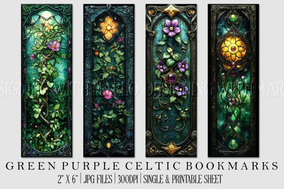 Irish Celtic Printable Bookmark, Irish Bookmark, Celtic Bookmark, Printable, JPG Bookmark, St Patrick's Day, Fantasy Bookmark, Green Purple