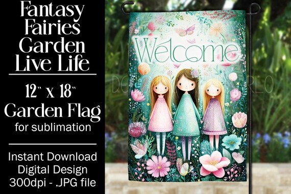 Fairies Garden Flag Sublimation Design, 12x18 Flag, Sublimation Fairy, Sublimation Garden Flag,  3 Fairies Welcome Garden Flag Background