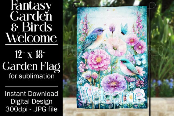 Fantasy Floral Garden Flag Sublimation Design - 12x18 Garden Flag - Gift for Gardener - Sublimation Design Garden Flag, Bird Garden Flag,15