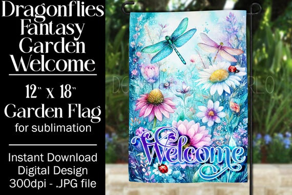 Dragonflies Garden Flag Sublimation Design, 12x18 Garden Flag, Gift for Gardener, Sublimation Garden Flag,  Floral Fantasy Garden Flag