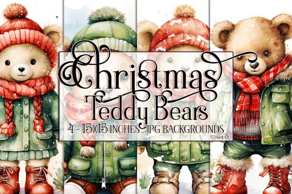 Christmas Bear Watercolor 15x15 Backgrounds, Christmas Teddy Bear, Brown Teddy Bear, Holiday Bear, Red Green, Christmas Sublimation