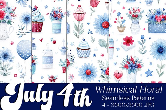 July 4th Floral Patterns, July 4th Patterns, Flower Patterns, July 4th Floral Seamless Pattern, 4th of July Flower Seamless Patterns, Whimsy