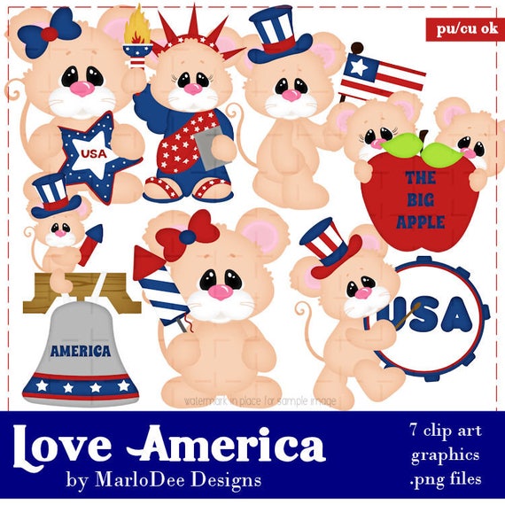 Commercial Use Clip Art Graphics | Matt & Miley Mice Love America July 4th | MarloDee Designs