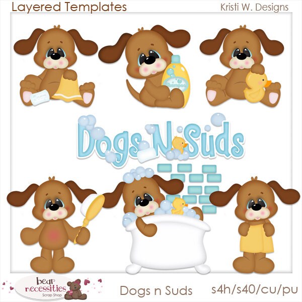 Dog and Suds Layered Templates | Dog Templates | Taking a Bath Templates | Scrapbook Templates | Clipart Templates | Kristi W Designs