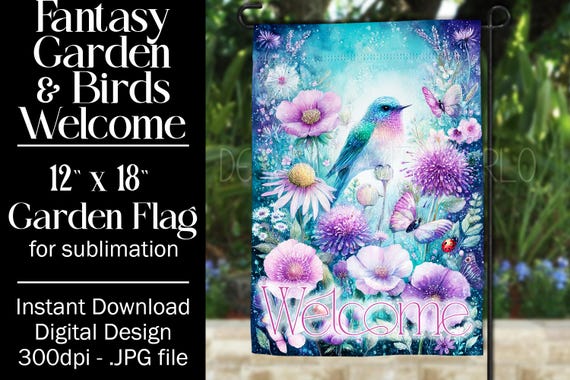 Fantasy Floral Garden Flag Sublimation Design - 12x18 Garden Flag - Gift for Gardener - Sublimation Design Garden Flag, Bird Garden Flag,14