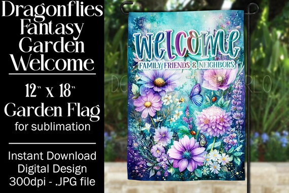 Dragonflies Garden Flag Sublimation Design, 12x18 Garden Flag, Gift for Gardener, Sublimation Garden Flag,  Floral Fantasy Garden Flag