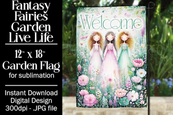 Fairies Garden Flag Sublimation Design, 12x18 Flag, Sublimation Fairy, Sublimation Garden Flag,  3 Fairies Welcome Garden Flag Background