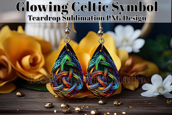 Glowing Celtic Watercolor Teardrop Earring Digital Design, Celtic Earring, Irish Earring Teardrop Sublimation Design, St Patrick's Day PNG