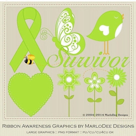 Commercial Use Clip Art Graphics | Lime Green Ribbon Awarenes | Exclusive from MarloDee Designs