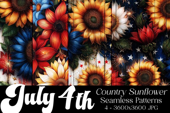 July 4th Seamless Patterns, July 4th Patterns, Sunflower Patterns, July 4th Sunflowers, 4th of July, Country Sunflowers, Seamless Patterns
