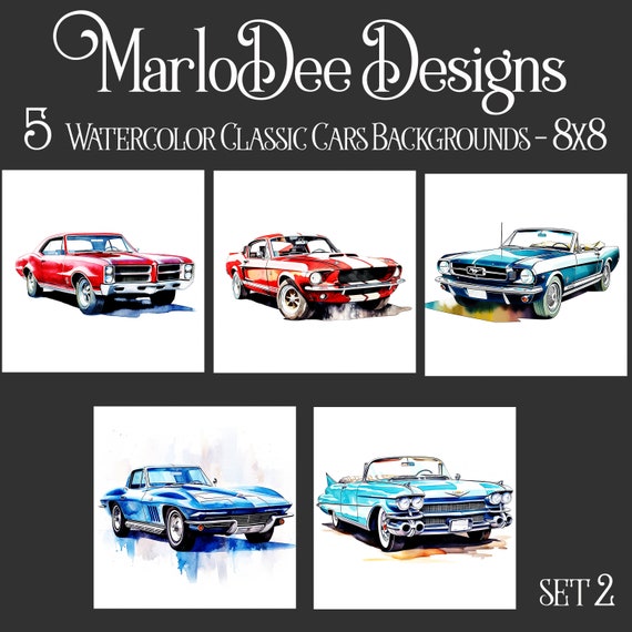 Vintage Cars Backgrounds, Father's Day, Cars Sublimation, Watercolor Cars Style Backgrounds, 8x8, Card Toppers, Watercolor Sports Cars