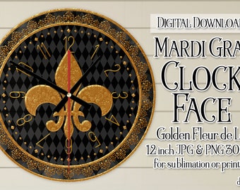 Mardi Gras Clock, Mardi Gras Clock Face, Mardi Gras Golden Fleur de Lis Clock, Printable Clock Face, Sublimation Clock, DIY Clock, d3