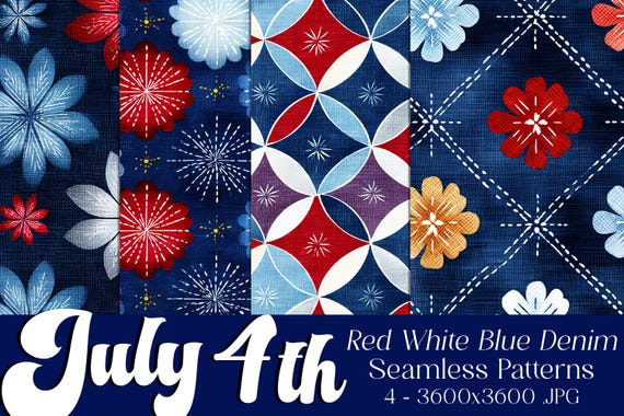 July 4th Seamless Patterns, July 4th Patterns, Denim Patterns, July 4th Geometric, 4th of July Denim, Denim Geometric Seamless Patterns