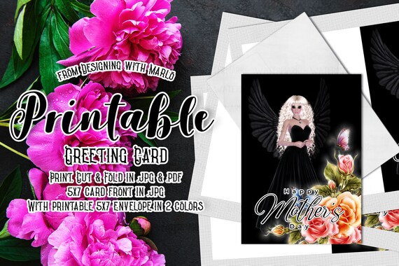Black Angel - Blonde Hair - Printable 5x7 Standard Mother's Day Greeting Card and Printable 5x7 Envelopes