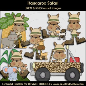 Kangaroo Safari Clipart - Revente Doodles - Australie - Safari Animals - Wild Animals - Outback - Jeep - Camouflague - Hippone - Girafee