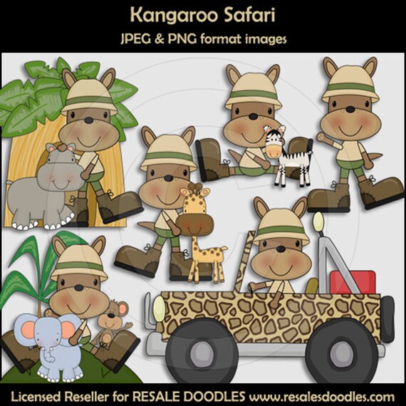 Kangaroo Safari Clipart - Resale Doodles - Australia - Safari Animals - Wild Animals - Outback - Jeep - Camouflague - Hippo - Giraffee