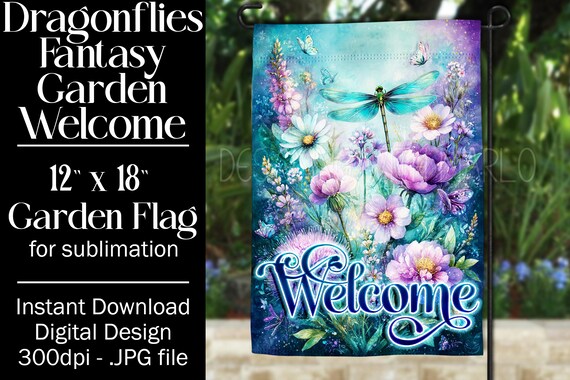 Dragonflies Garden Flag Sublimation Design, 12x18 Garden Flag, Gift for Gardener, Sublimation Garden Flag,  Floral Fantasy Garden Flag