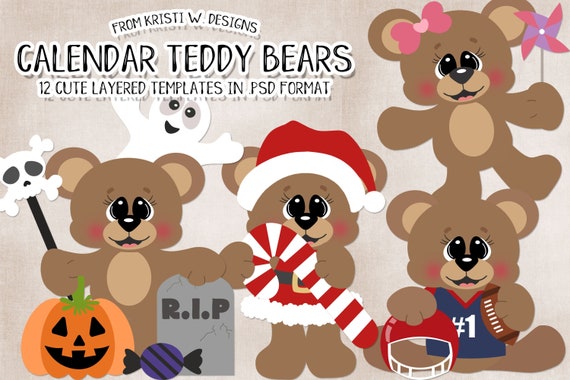 Calendar Teddy Bears - Layered Templates by Kristi W Designs - Scrapbook Templates - Clipart Templates - Bear Templates - Holiday Templates
