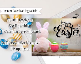 Bunny with Sock Ears - Printable 5x7 Standard Happy Easter Greeting Card