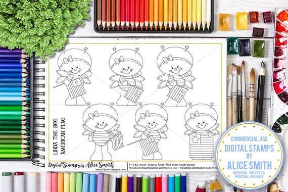 Linda the Bumble Bee with American Flag - Digital Stamps by Alice Smith
