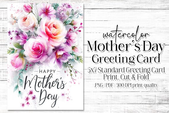 Happy Mother's Day Card - Card for Mom - Mother's Day Printable - 5"x7" - Greeting Card Printable - Watercolor Floral Printable Card