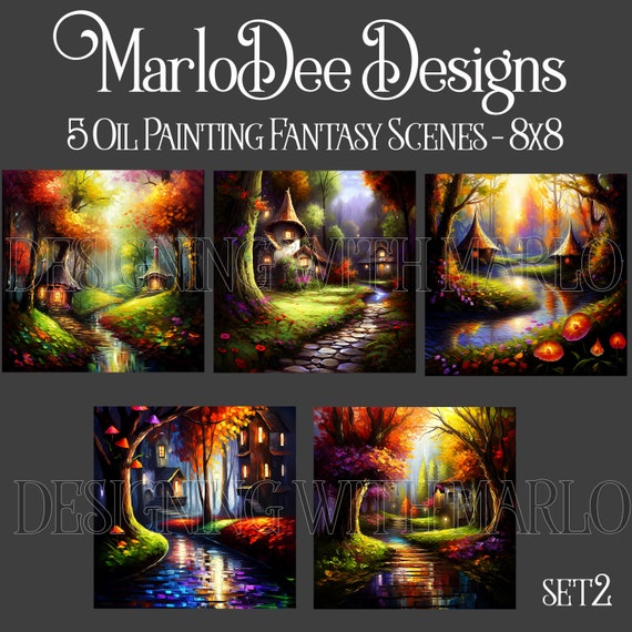Fantasy, Fantasy Backgrounds, Fairy House, Mushroom House, Sublimation Butterflies, Oil Painting Style Backgrounds, 8x8, Card Toppers - set2