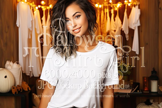 Halloween Mockup | White T-Shirt Mockup | Stock Photo | Black Woman Mockup | T-Shirt Mockup | Female Mockup | Woman Mockup | TShirt Mock Up