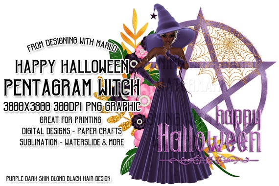 Happy Halloween Purple Pentagram Witch PNG Graphic, African American Witch, Dark Skin, Purple Flowers, Autumn Witch, Pink Flowers, Mix Hair