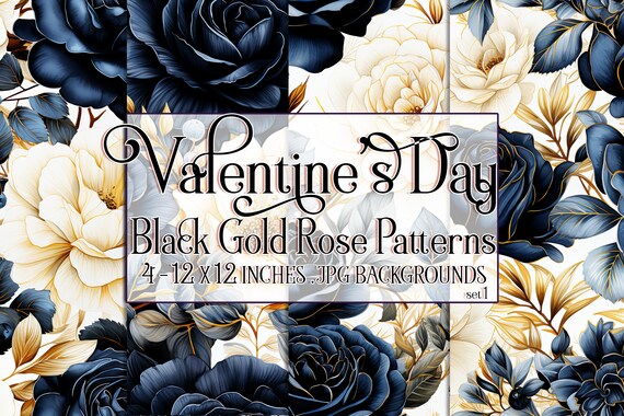 Valentine's Day, Romantic Valentine, Valentine Roses, Valentine Patterns, Flowers, Seamless Patterns, Black Roses, Gold Roses, Rose Pattern