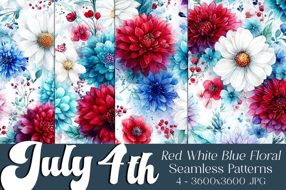 July 4th Seamless Patterns, July 4th Patterns, Red White Blue Flower Pattern, July 4th Flowers, 4th of July Flowers, Floral Seamless Pattern