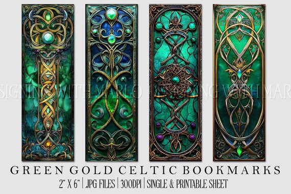Irish Celtic Printable Bookmark, Irish Bookmark, Celtic Bookmark, Printable, JPG Bookmark, St Patrick's Day, Fantasy Bookmark, Green Gold