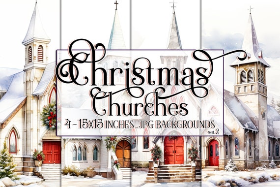 Christmas Church Watercolor 15x15 Backgrounds, Christmas Country Church, Church Christmas Time, Winter Church Background, White Church