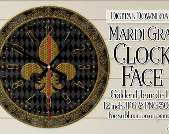 Mardi Gras Clock, Mardi Gras Clock Face, Mardi Gras Golden Fleur de Lis Clock, Printable Clock Face, Sublimation Clock, DIY Clock, d2