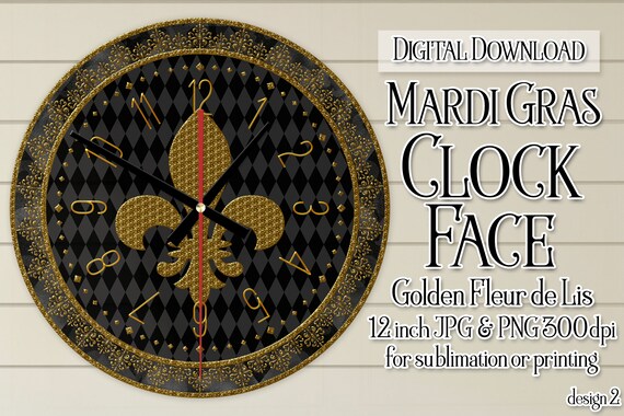 Mardi Gras Clock, Mardi Gras Clock Face, Mardi Gras Golden Fleur de Lis Clock, Printable Clock Face, Sublimation Clock, DIY Clock, d2