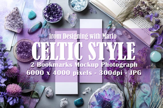 2 Bookmark Mockup, Celtic Mock-Up. Wiccan Mockup, Irish Mockup, Celtic Stock Photo, Flowers, Crystals, Book, Bookmark, Top View, Purple