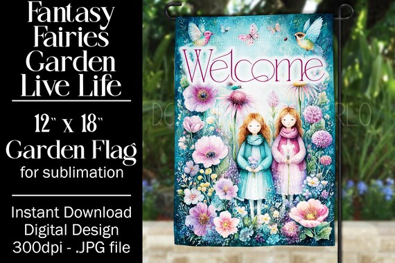 Fairies Garden Flag Sublimation Design, 12x18 Flag, Sublimation Fairy, Sublimation Garden Flag,  3 Fairies Welcome Garden Flag Background