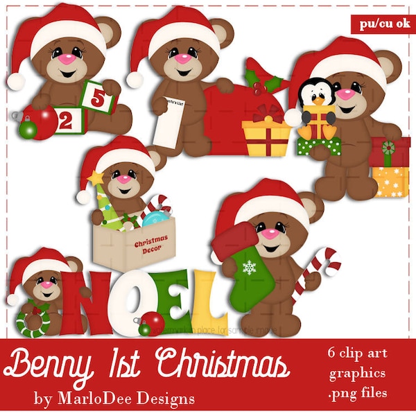 Commercial Use Clip Art | Benny the Teddy Bear First Christmas by MarloDee Designs