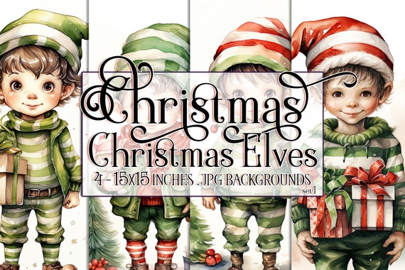 Christmas Elves Watercolor 15x15 Backgrounds, Christmas Elf, Santa's Little Helper, Santa's Helper, North Pole, Holiday Elf, Sublimation