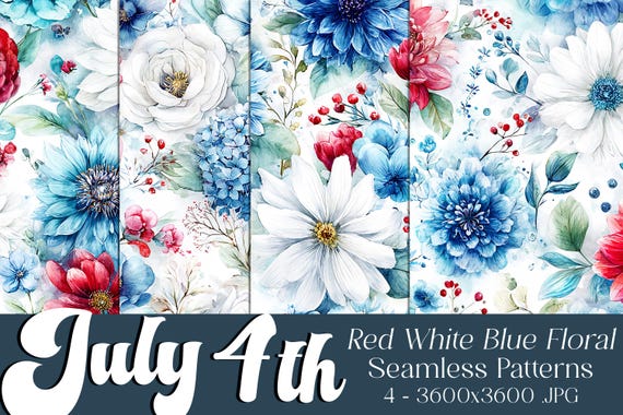 July 4th Seamless Patterns, July 4th Patterns, Red White Blue Flower Pattern, July 4th Flowers, 4th of July Flowers, Floral Seamless Pattern