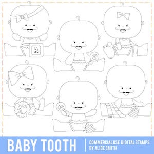 Sellos digitales de dientes de leche, arte lineal para bebés, PNG de sublimación para bebés, bebé con su primer diente, crecimiento, niño grande, niña grande, arte lineal, colorear