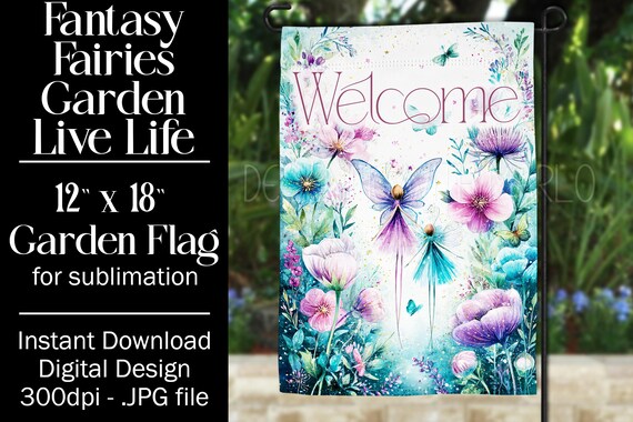 Fairies Garden Flag Sublimation Design, 12x18 Flag, Sublimation Fairy, Sublimation Garden Flag,  3 Fairies Welcome Garden Flag Background