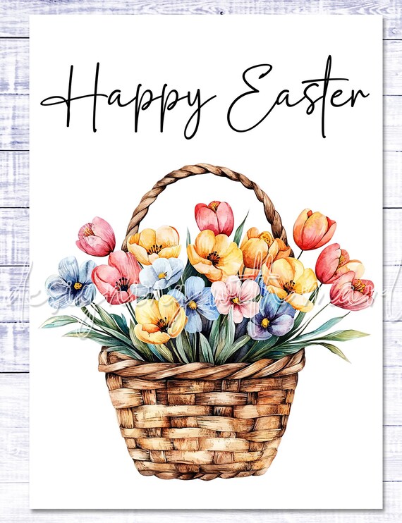 Happy Easter Card - Easter Basket - Easter Printable - 5"x7" - Greeting Card Printable - Watercolor Easter Basket Greeting Card Printable