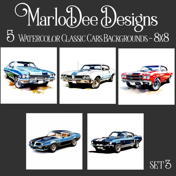 Vintage Cars Backgrounds, Father's Day, Cars Sublimation, Watercolor Cars Style Backgrounds, 8x8, Card Toppers, Watercolor Sports Cars