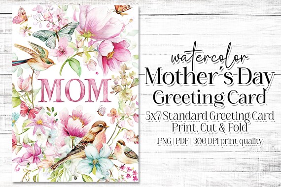 Happy Mother's Day Card - Card for Mom - Mother's Day Printable - 5"x7" - Greeting Card Printable - Watercolor Floral Printable Card